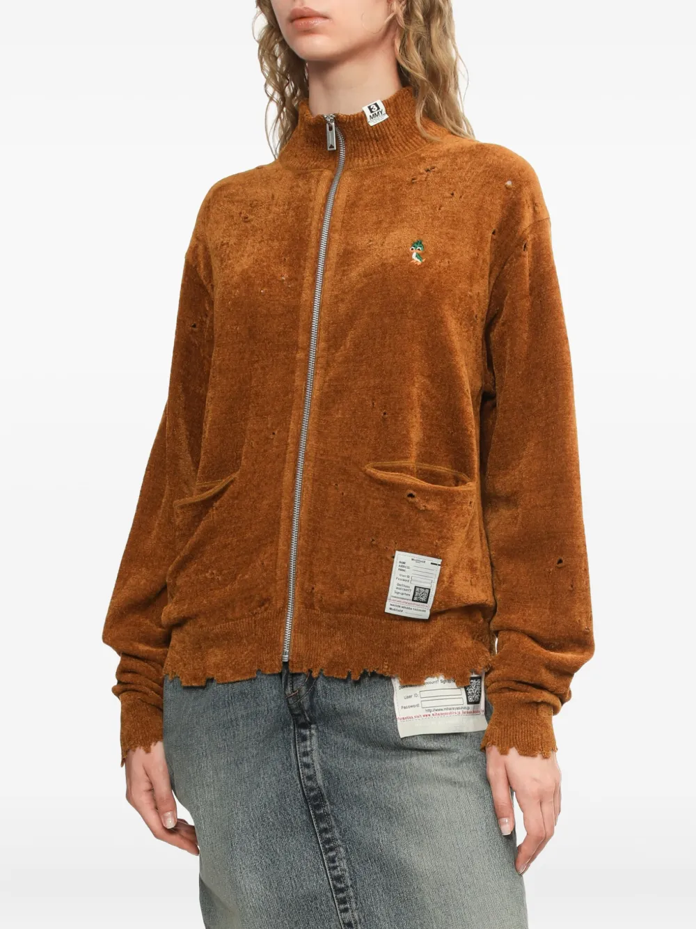 Miharayasuhiro Distressed Zip-up Cardigan In Brown