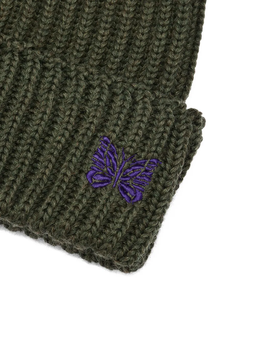 Needles Ribbed-knit Butterfly-embroidered Beanie In Green