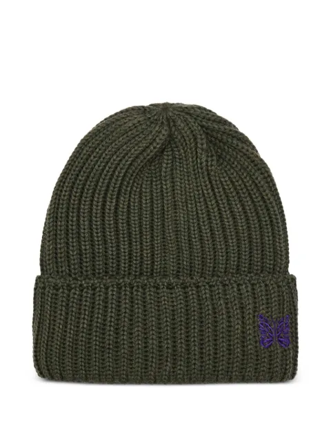 Needles ribbed-knit butterfly-embroidered beanie