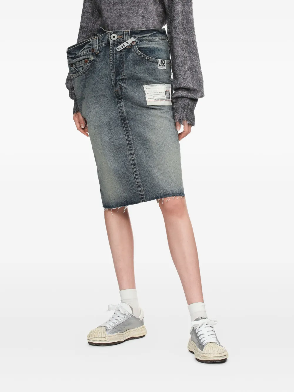 Miharayasuhiro Frayed Denim Midi Straight Skirt In Blue