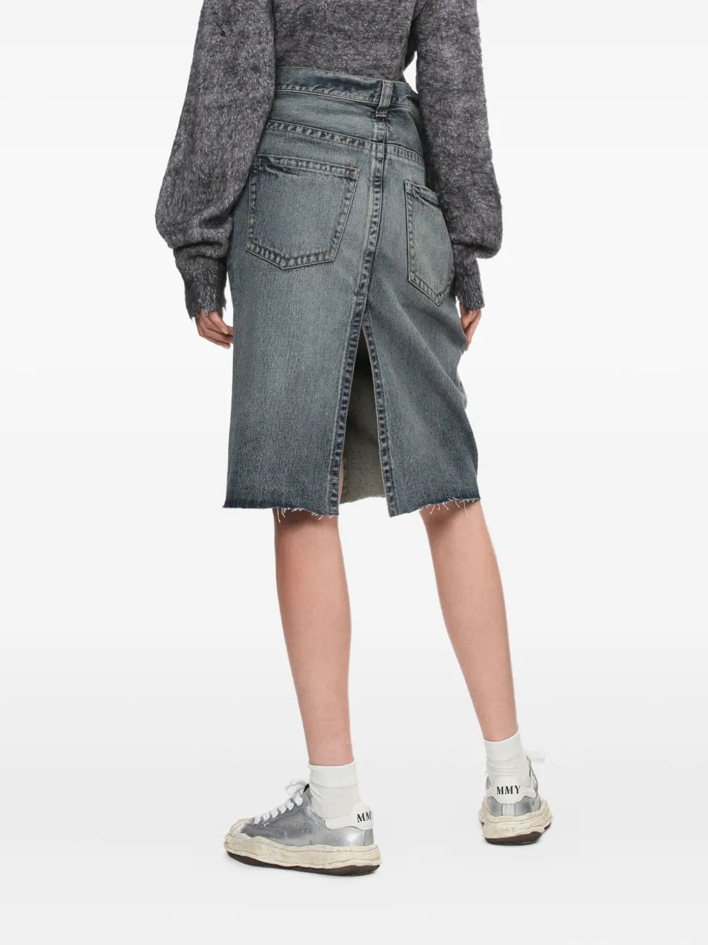 Miharayasuhiro Frayed Denim Midi Straight Skirt In Blue