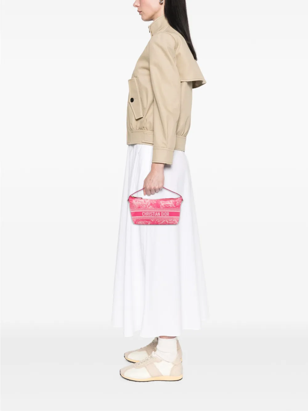Pre-owned Dior 2022 Medium Technical Fabric Toile De Jouy Reverse Travel Nomad Pouch Handbag In Pink