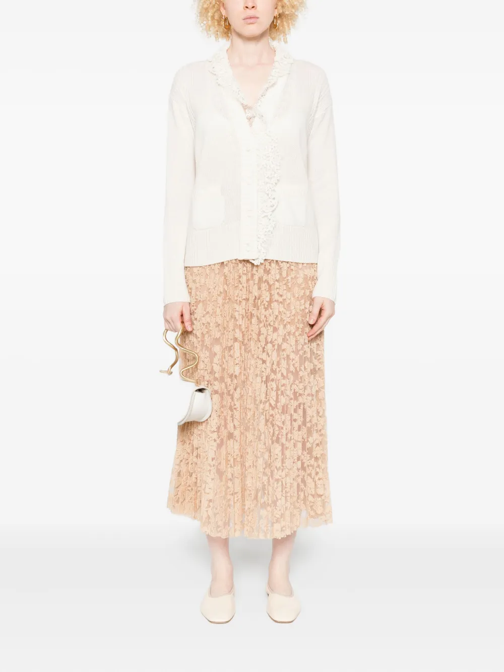 Ermanno Scervino Lace Trim Cashmere Cardigan Featuring Pockets In Gray