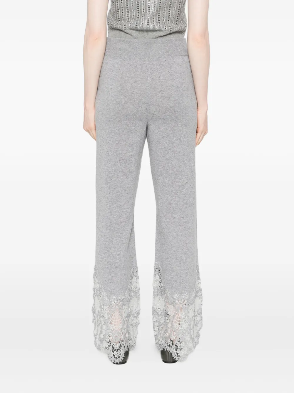 Ermanno Scervino Wide Leg Cashmere Trousers With Lace Trim In Gray