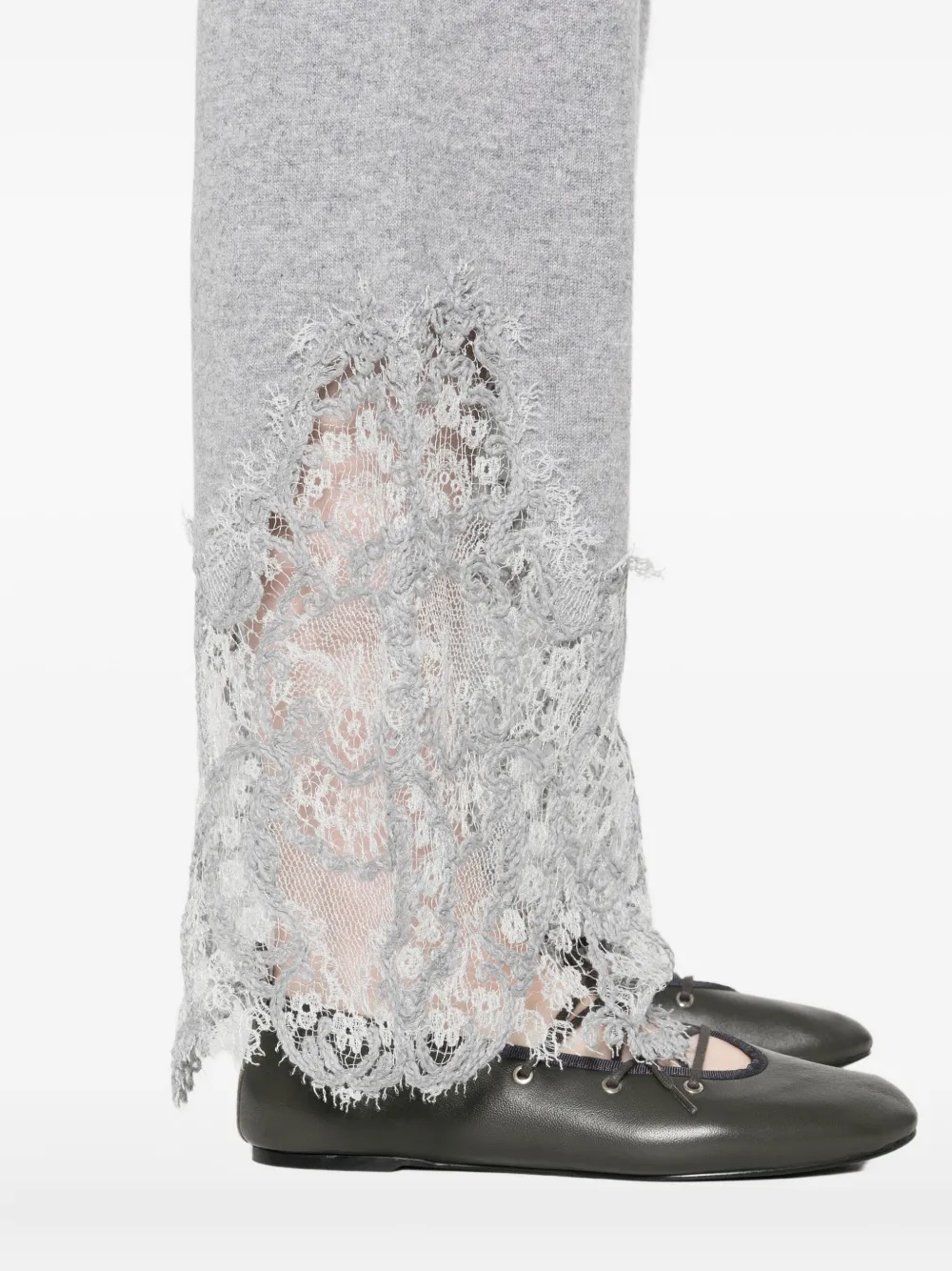 Ermanno Scervino Wide Leg Cashmere Trousers With Lace Trim In Gray
