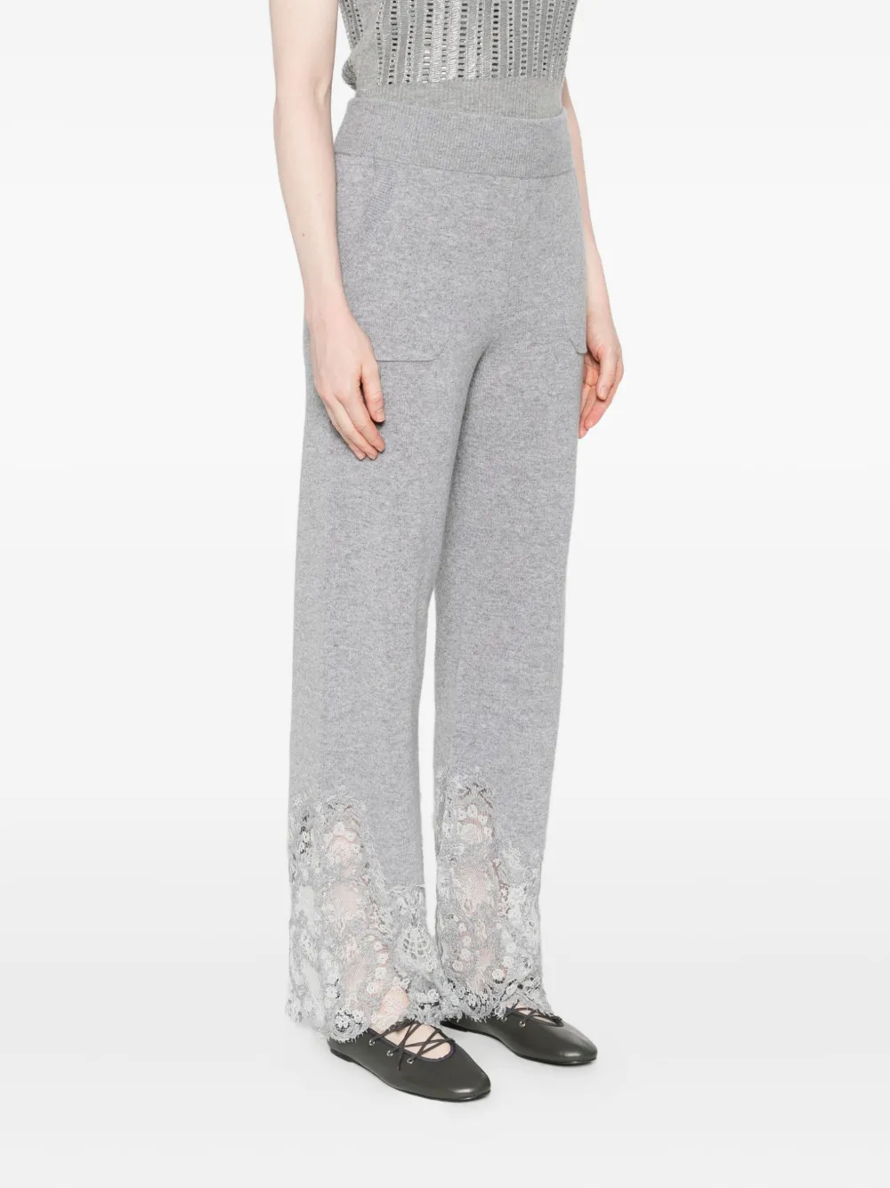 Ermanno Scervino Wide Leg Cashmere Trousers With Lace Trim In Gray
