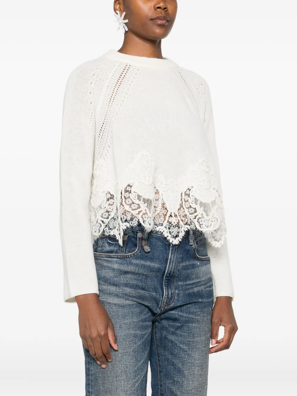 Ermanno Scervino Cropped Cashmere Sweater Lace Hem In White