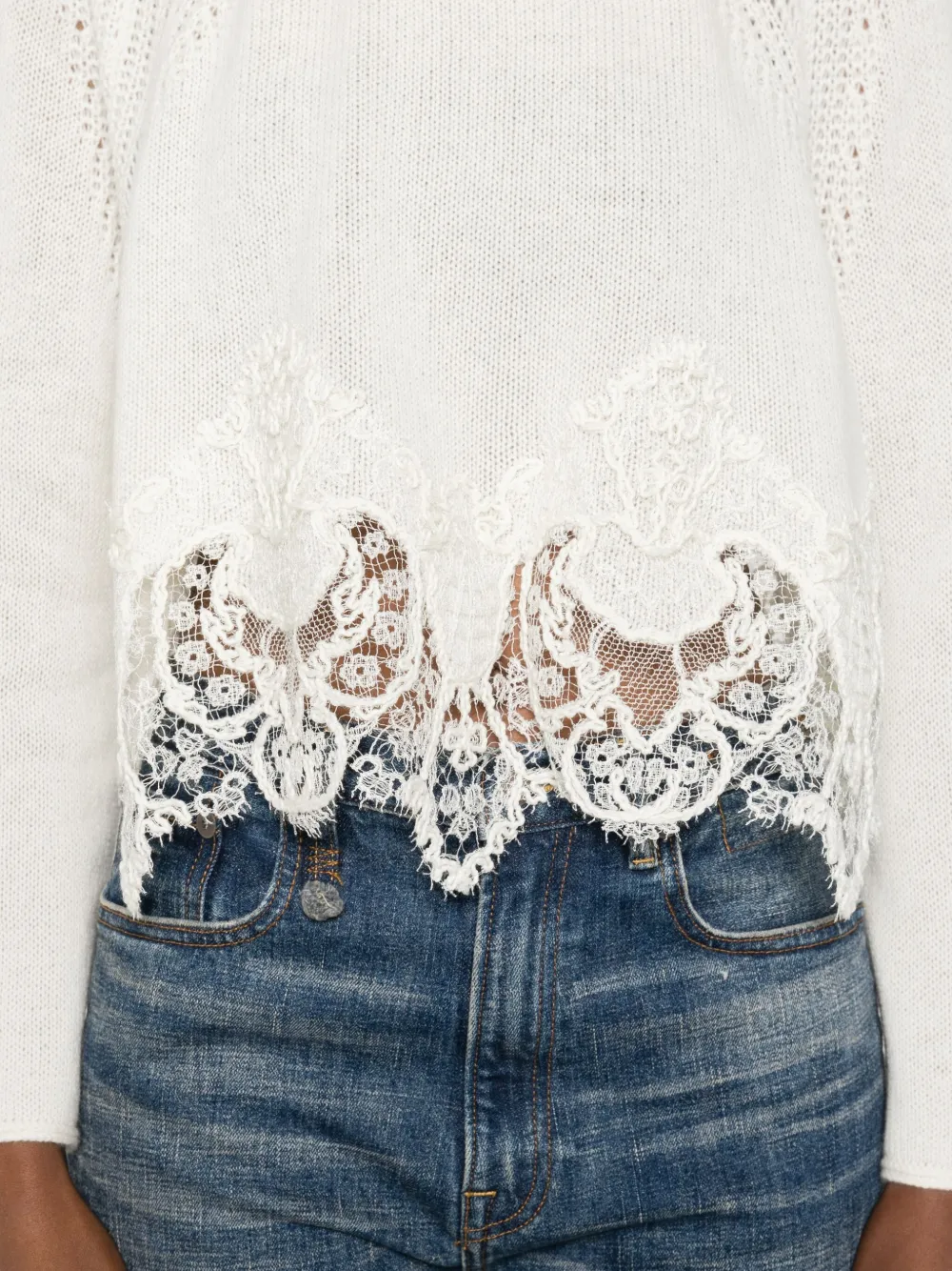 Ermanno Scervino Cropped Cashmere Sweater Lace Hem In White