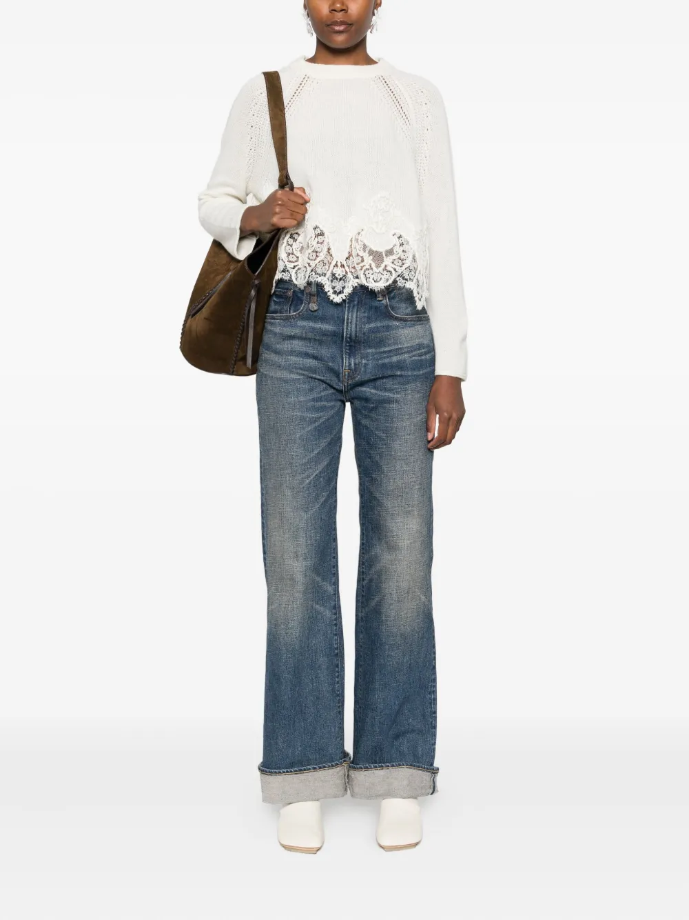 Ermanno Scervino Cropped Cashmere Sweater Lace Hem In White