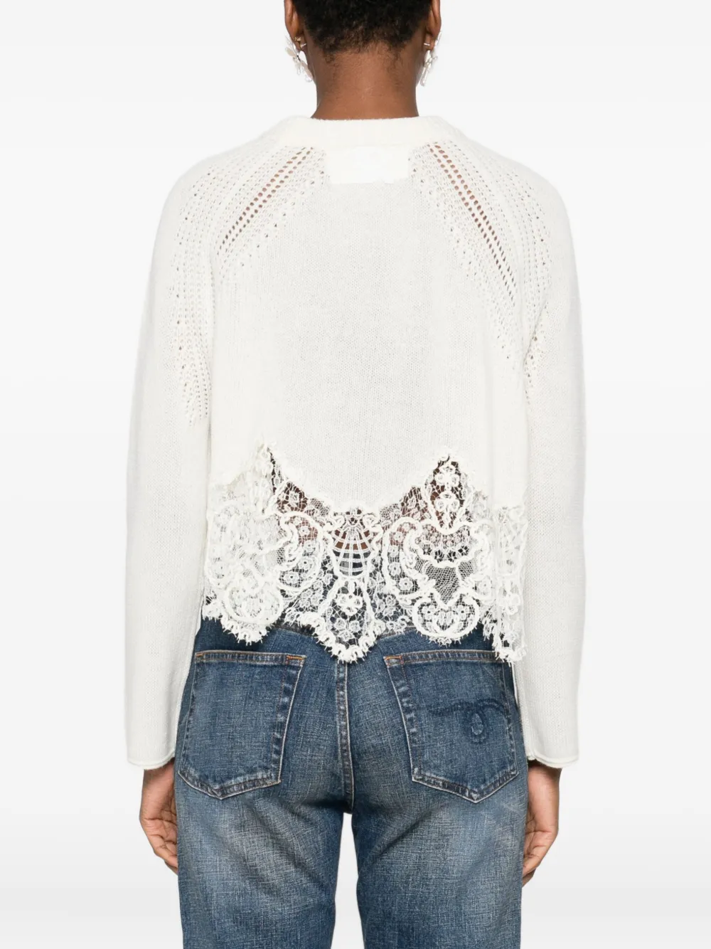 Ermanno Scervino Cropped Cashmere Sweater Lace Hem In White