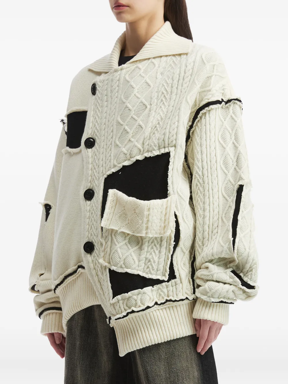 Y's Cable-knit Patchwork Cardigan In White