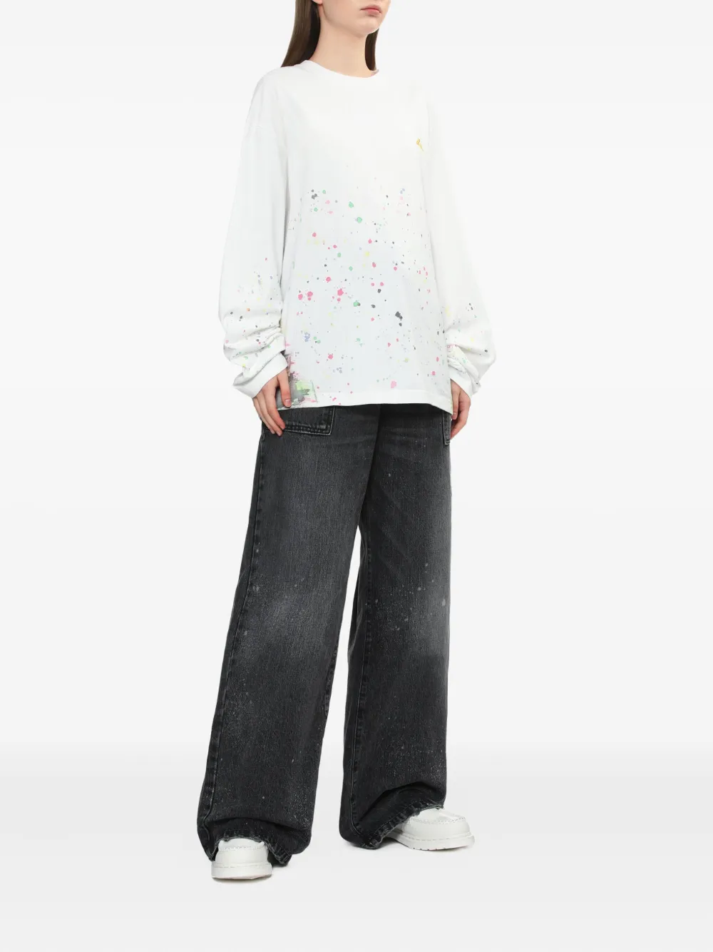 We11 Done Paint-splatter Long-sleeve Top In White