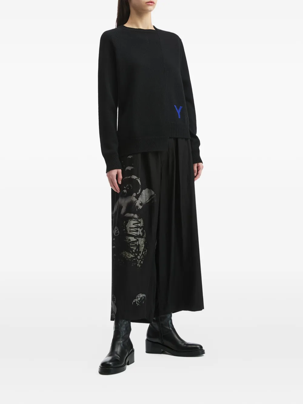 Y's Asymmetric-hem Crew-neck Sweater In Black