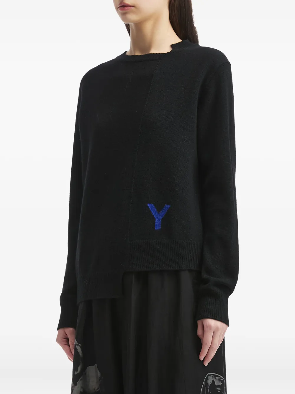 Y's Asymmetric-hem Crew-neck Sweater In Black