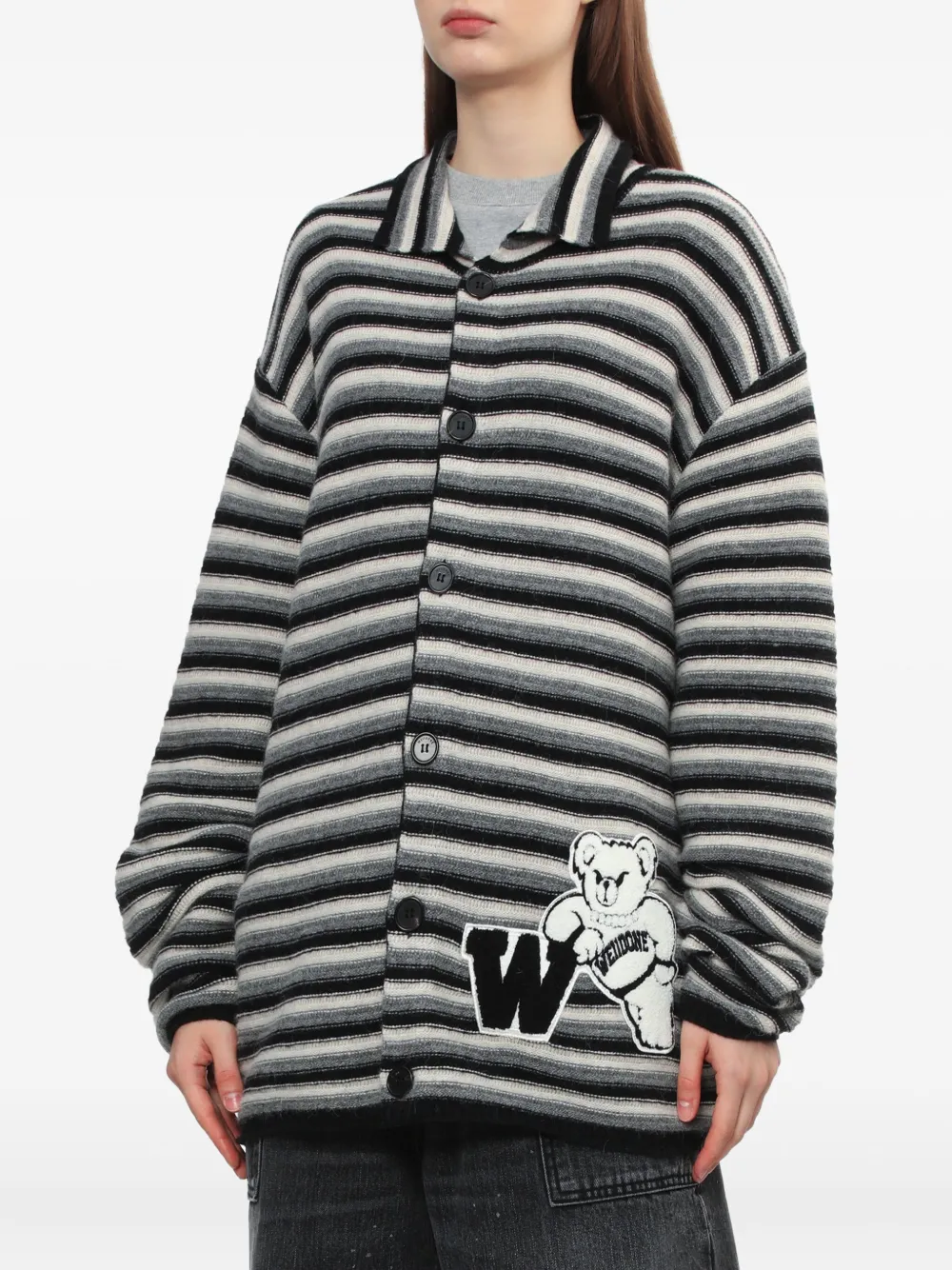 We11 Done Striped Teddy-applique Cardigan In Black