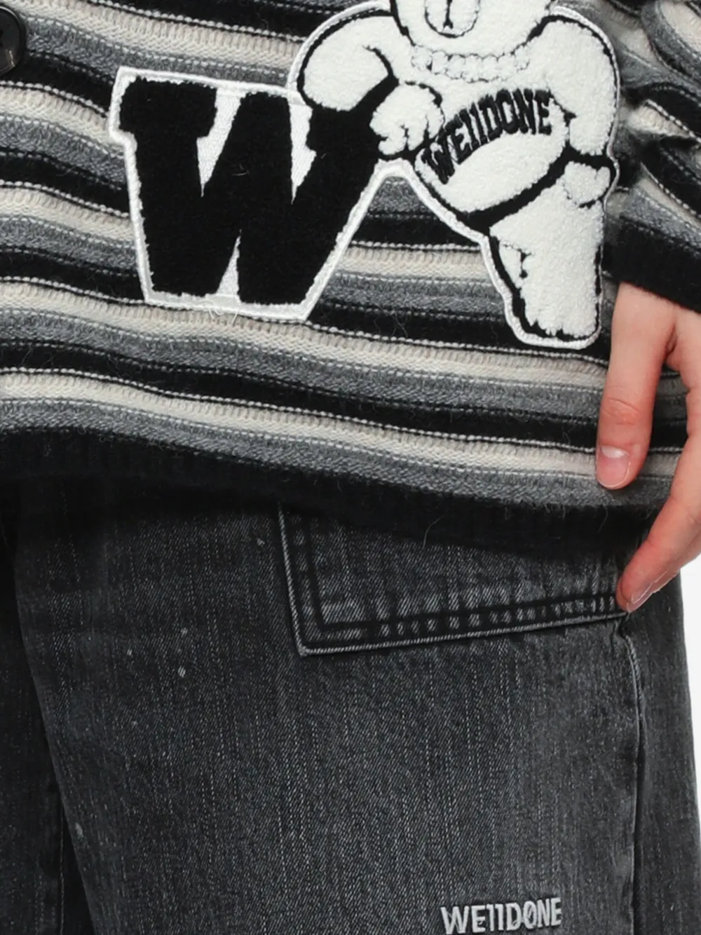 We11 Done Striped Teddy-applique Cardigan In Black