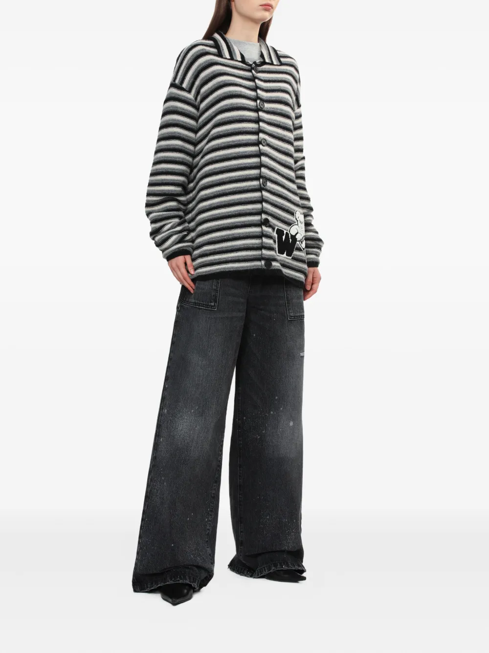 We11 Done Striped Teddy-applique Cardigan In Black