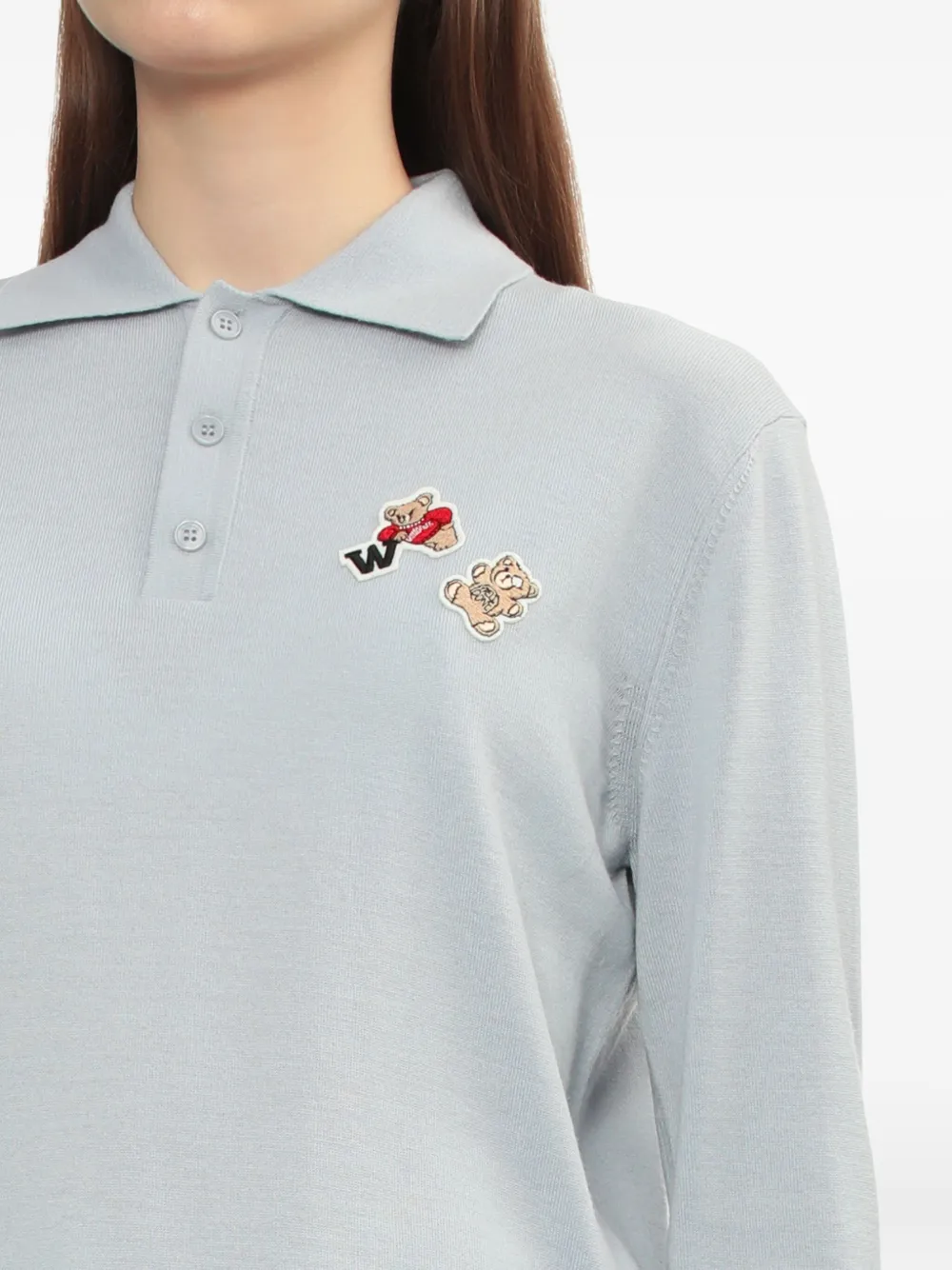 We11done Trui met geborduurde beer en polokraag Grijs