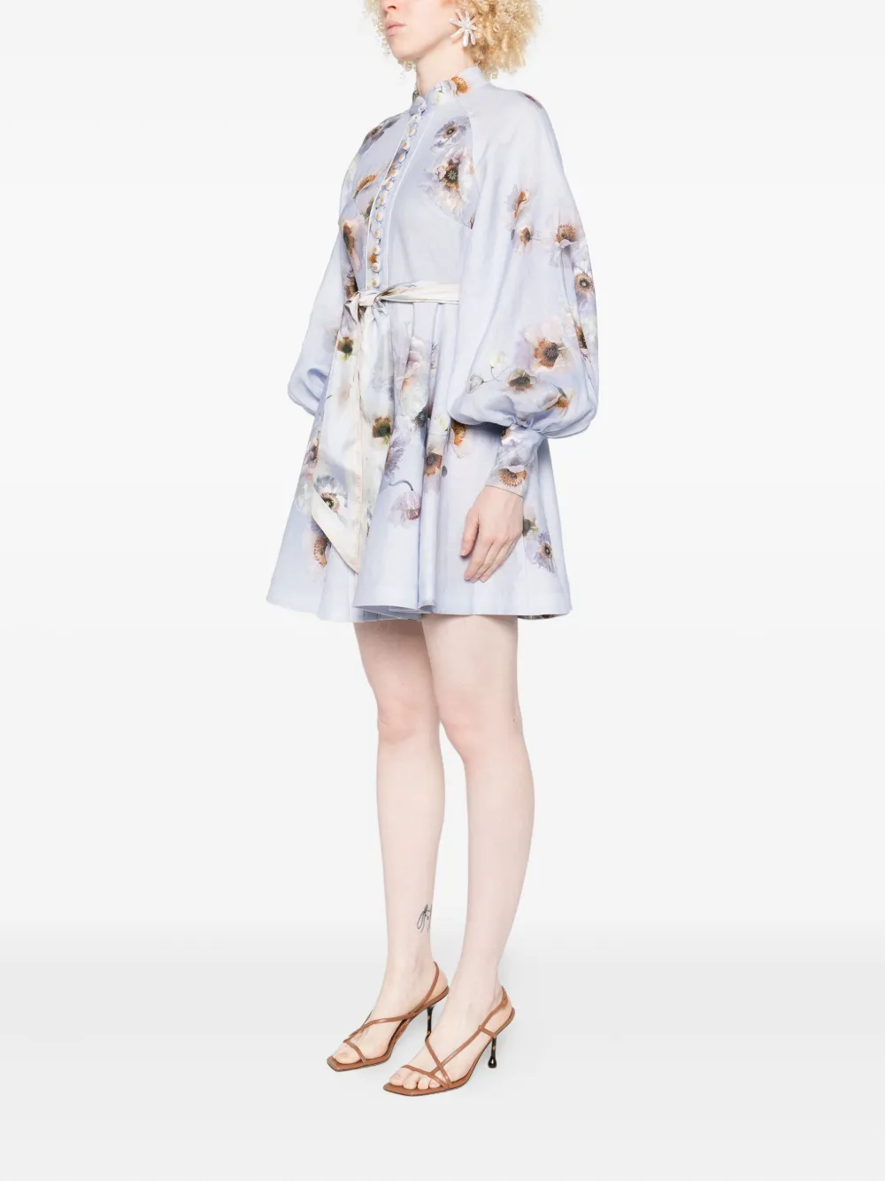 Zimmermann Womens Lilac Poppy Printed Silk-belt Buttoned Linen Mini Dress In Purple