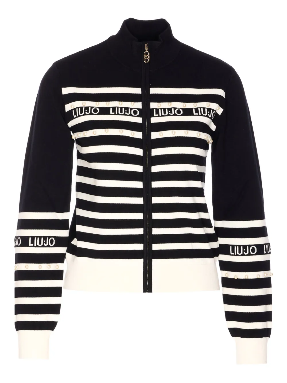 Liu •jo Pearl-embellished Striped Cardigan In Black