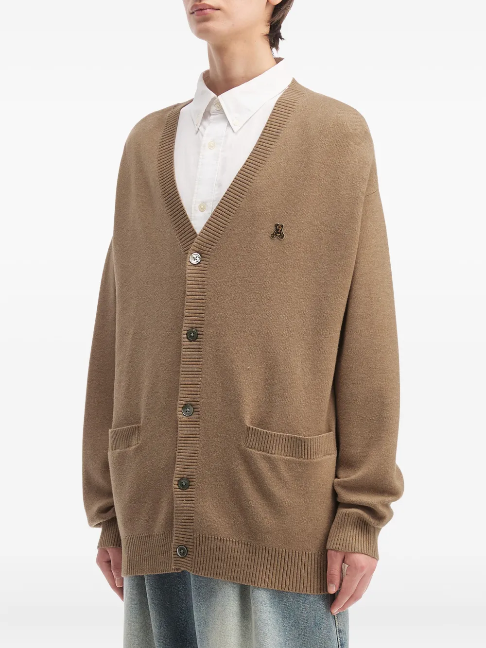 Izzue Bear-logo Patch Pocket Cardigan In Brown