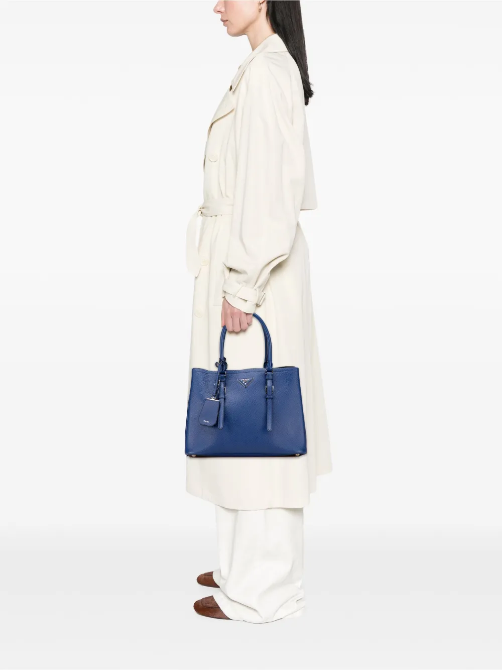 Pre-owned Prada 2013-2025 Medium Saffiano Cuir Double Satchel In Blue