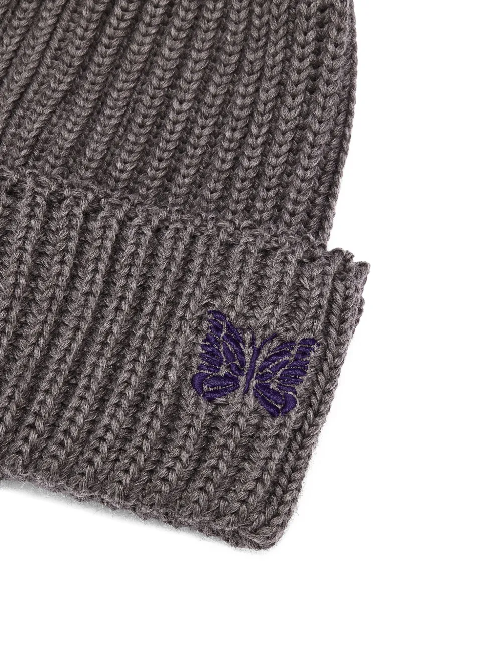 Needles Ribbed-knit Butterfly-embroidery Beanie In Gray