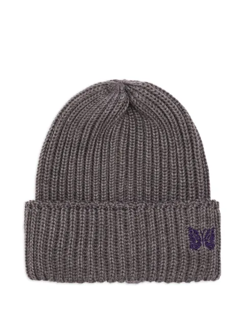 Needles ribbed-knit butterfly-embroidery beanie