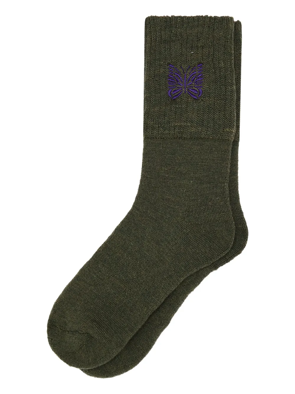 Needles Butterfly-embroidered Wool Socks In Green