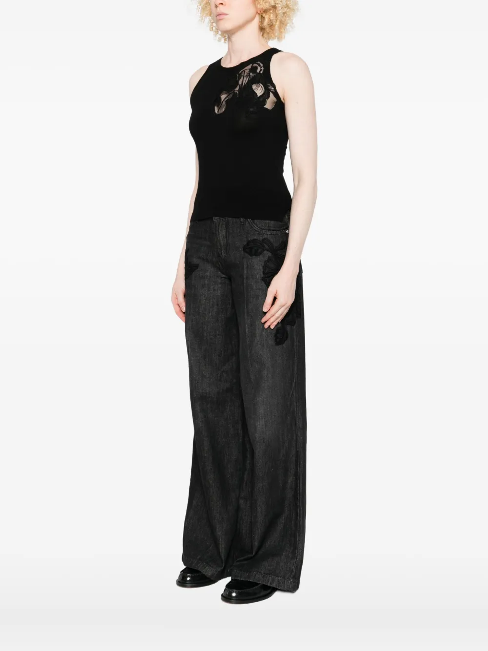 Ermanno Scervino Merino Racerback Tank Top Floral Embroidery In Black