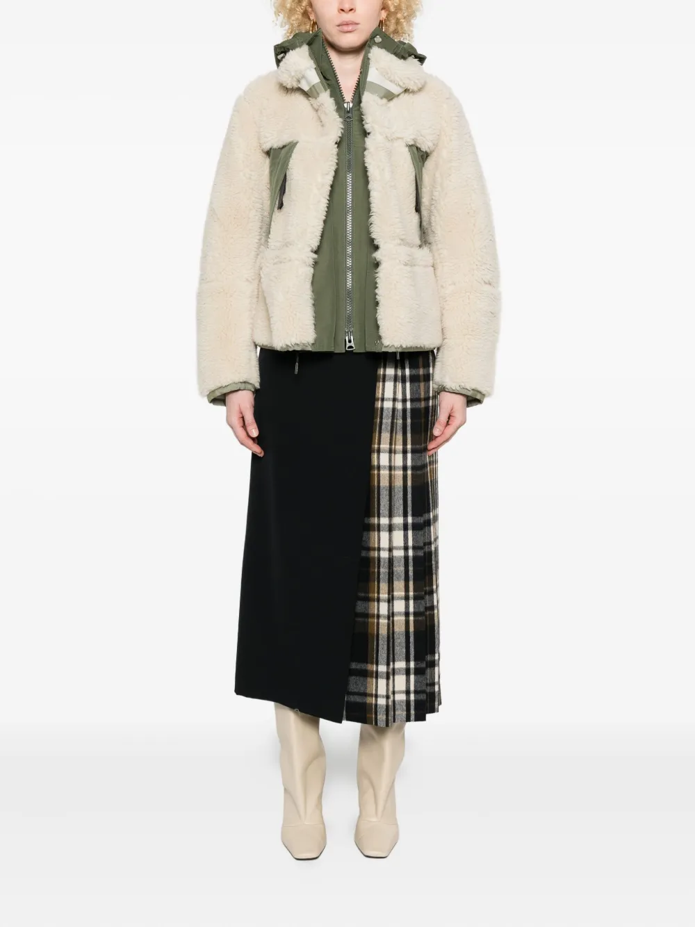 Sacai Eco Shearling And Nylon Jacket In Neutral