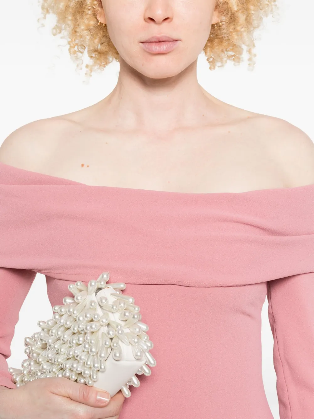 Solace London Yuni Off-shoulder Draped Midi Dress In Pink