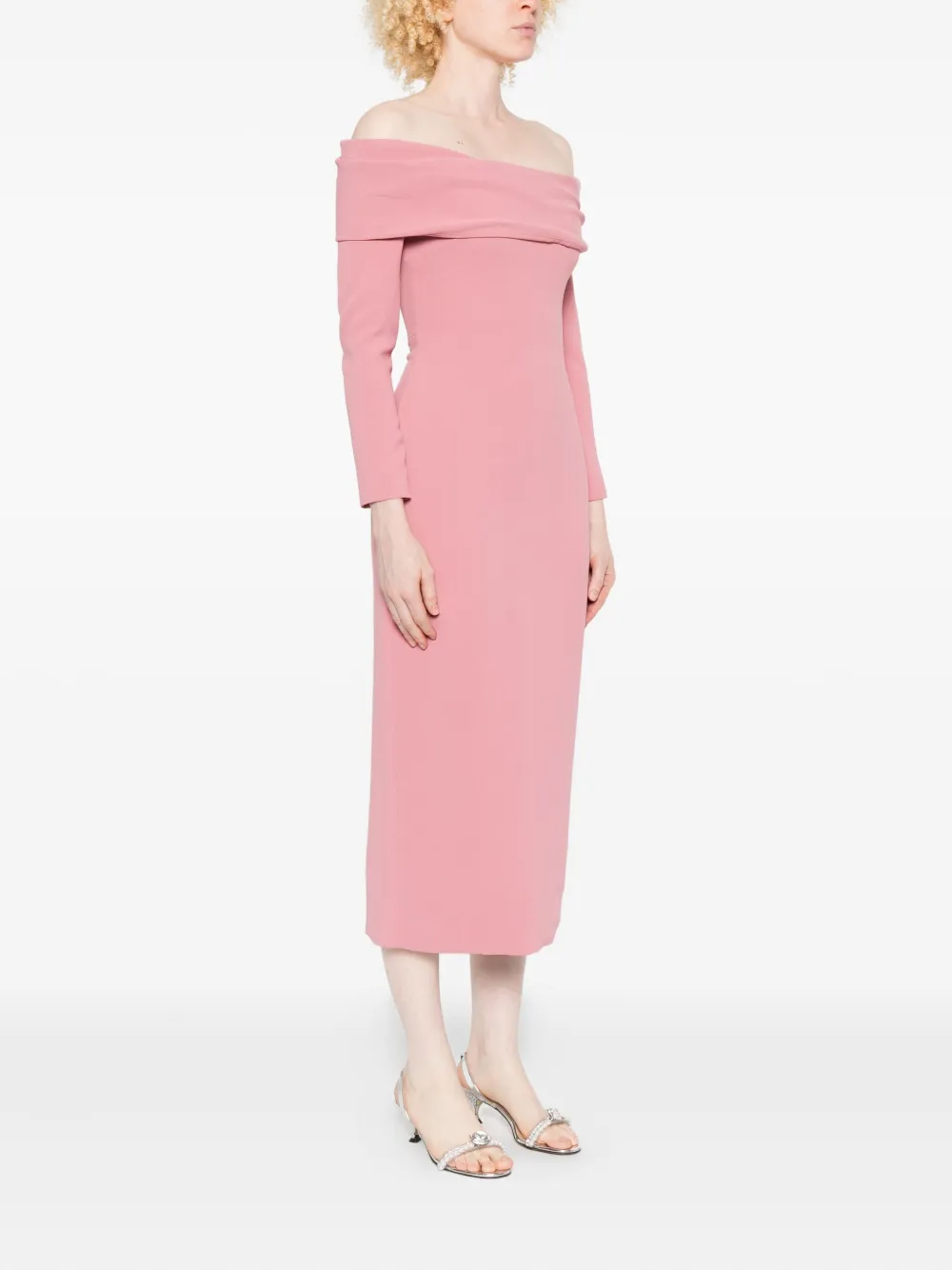 Solace London Yuni Off-shoulder Draped Midi Dress In Pink