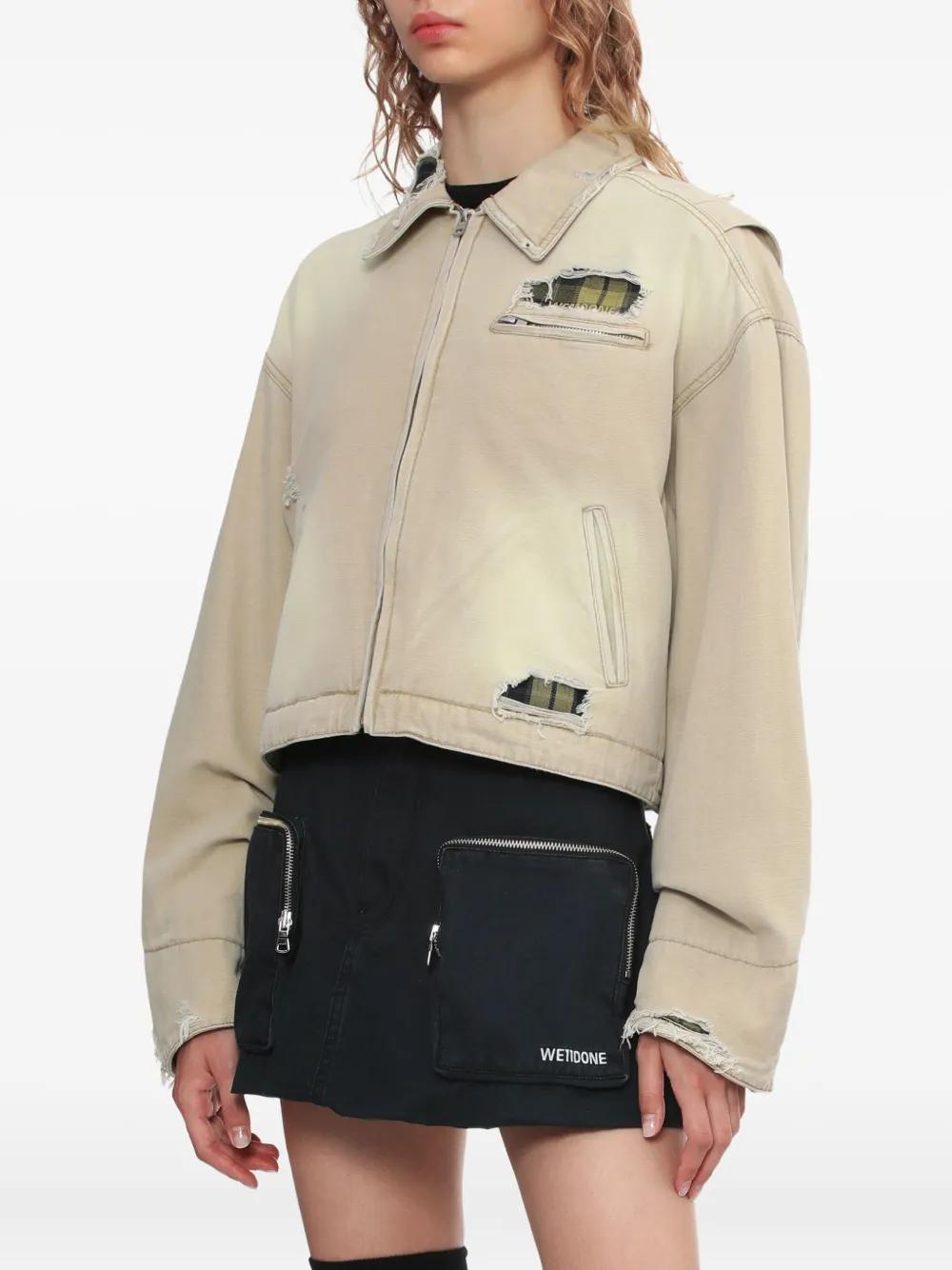 We11 Done Frayed Plaid-panel Jacket In Neutral