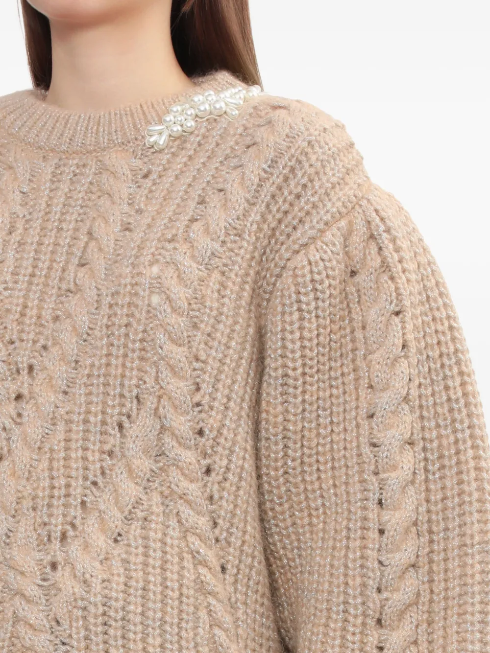 Simone Rocha Pearl-embellished Cable-knit Sweater In Brown