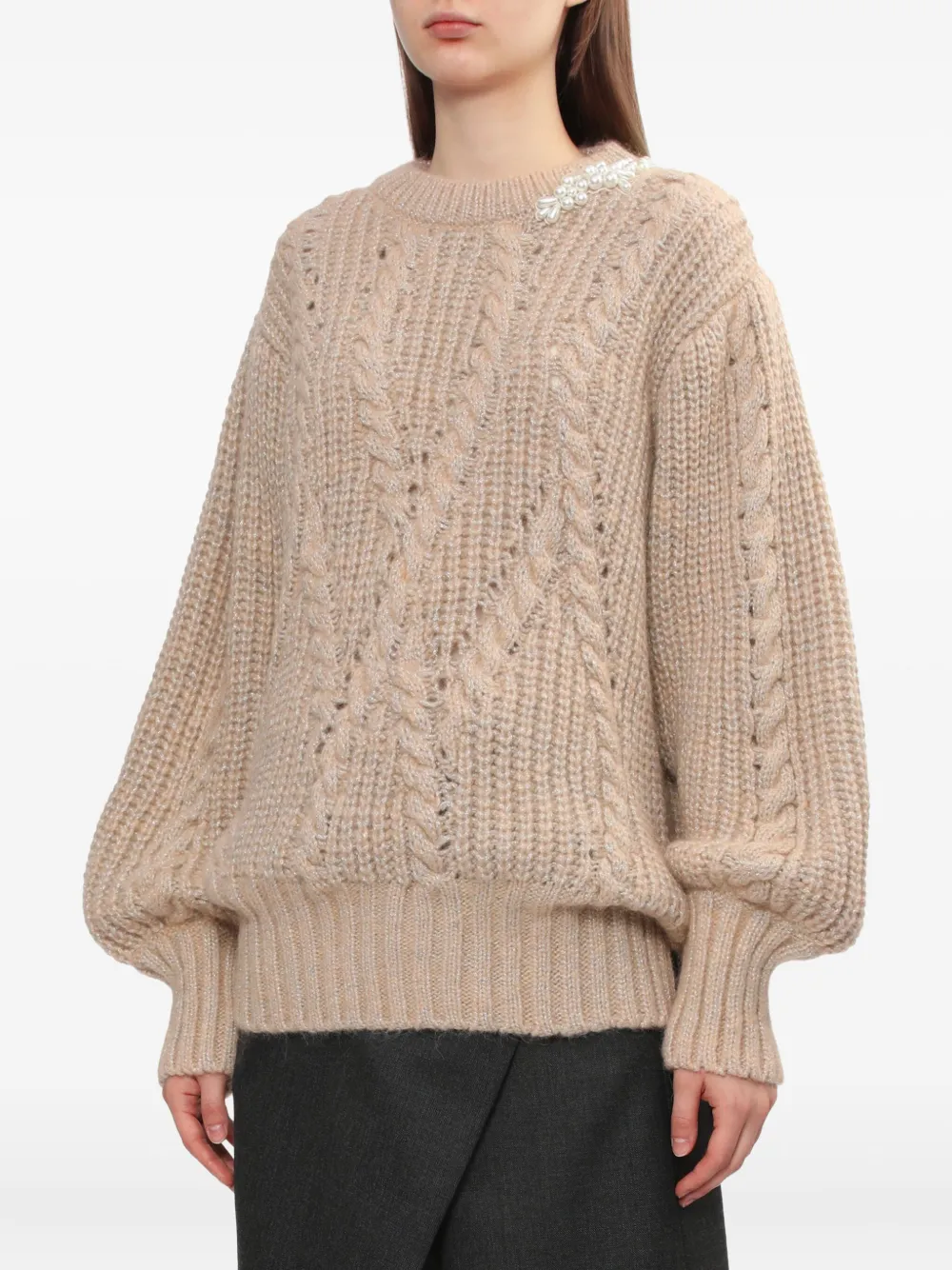 Simone Rocha Pearl-embellished Cable-knit Sweater In Brown