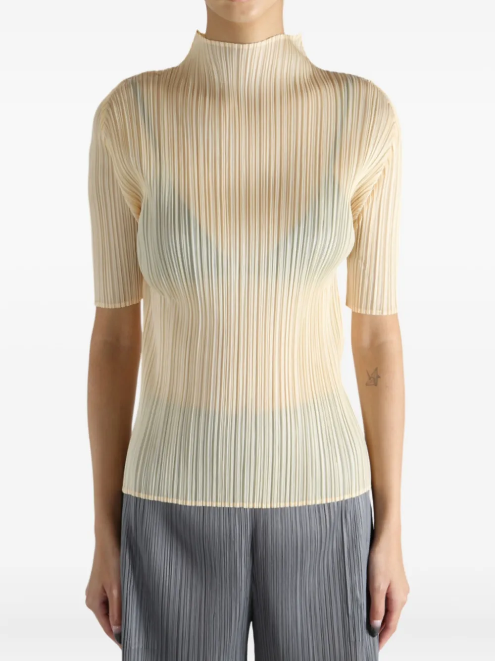 Pleats Please Issey Miyake Lucid Pleats high-neck top - Beige