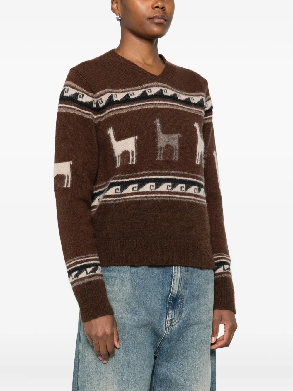 Seafarer Llama-pattern V-neck Sweater In Brown