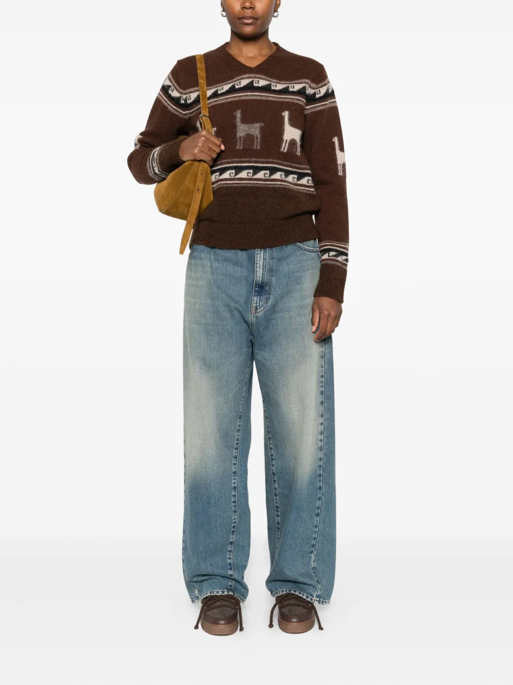 Seafarer Llama-pattern V-neck Sweater In Brown