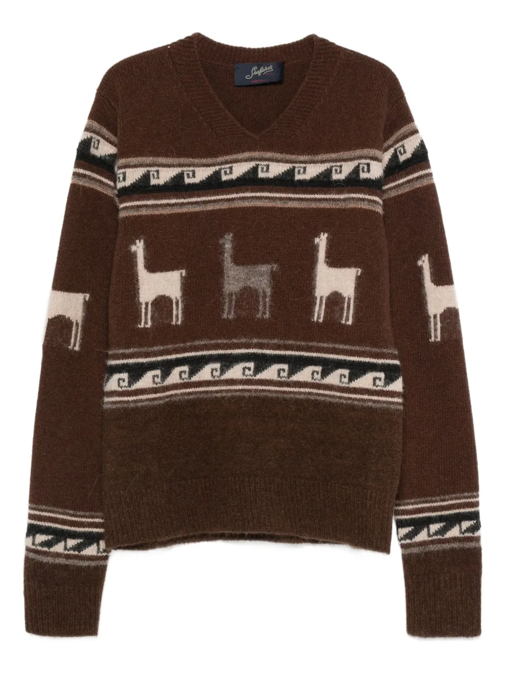 Seafarer llama-pattern V-neck sweater | Brown | Image 1