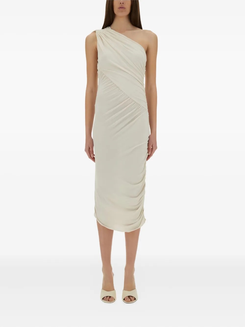 Rick Owens One-shoulder Draped Midi Day Dress In Neutral