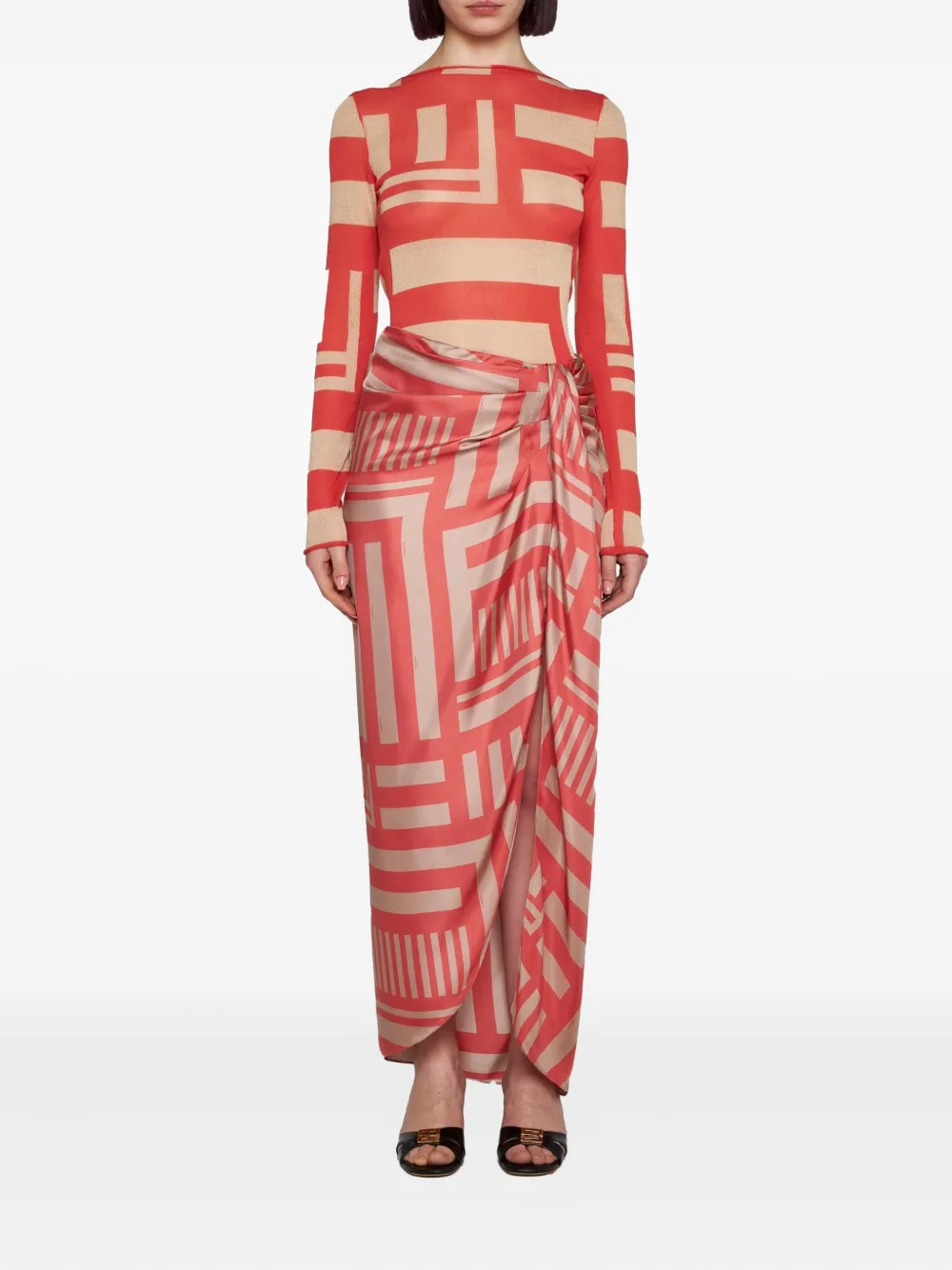 FENDI labyrinth-print draped maxi skirt - Rood