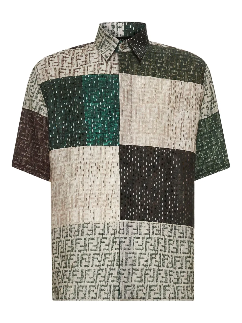 FENDI patchwork-design FF-logo print linen shirt - ブラウン FENDI patchwork-design FF-logo print linen shirt - ブラウン