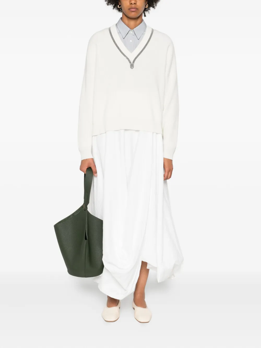 Brunello Cucinelli Embellished V-neck Cashmere Sweater In White
