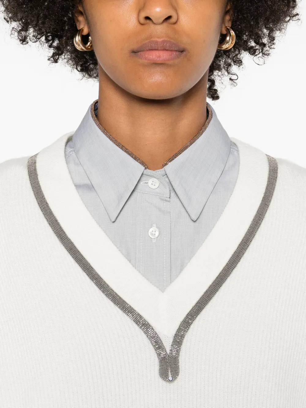 Brunello Cucinelli Embellished V-neck Cashmere Sweater In White