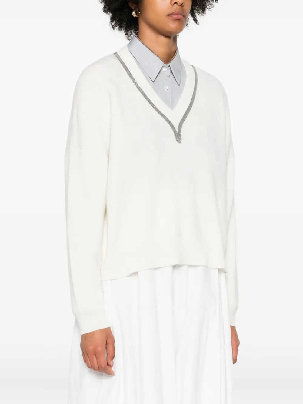 Brunello Cucinelli Embellished V-neck Cashmere Sweater In White