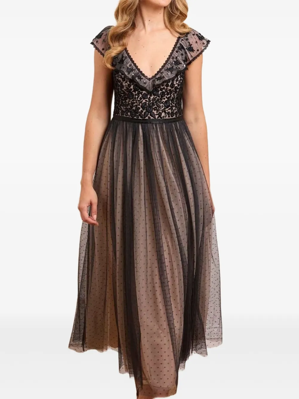 Needle & Thread lace-detail ruffled dress - Zwart