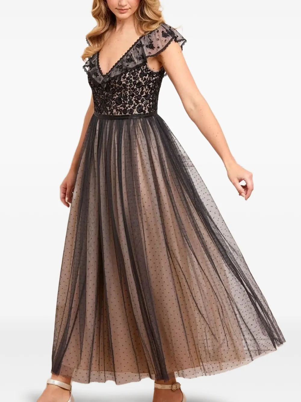 Needle & Thread Jurk met ruches en kant Zwart