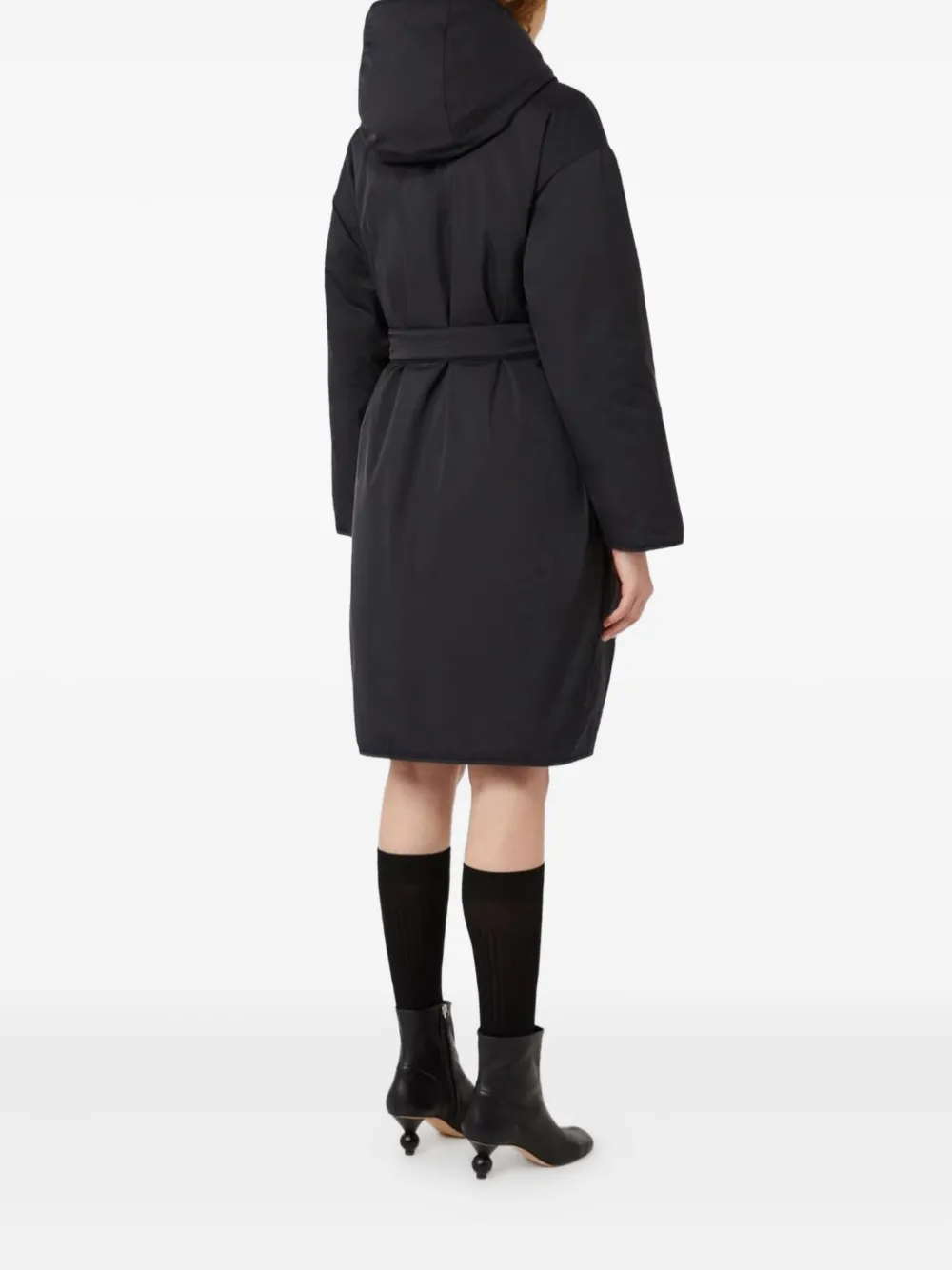 Weekend Max Mara Waist Belted Long Quilted Hooded Pockets In Black