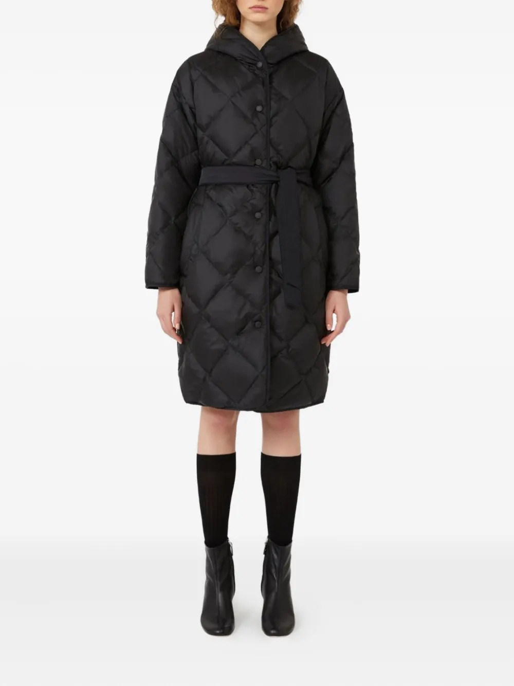 Weekend Max Mara Waist Belted Long Quilted Hooded Pockets In Black